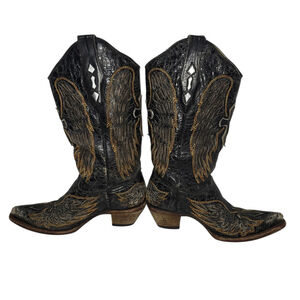 Corral Western Cowgirl Wings and Cross Distressed Black Gold Leather Boots 7M